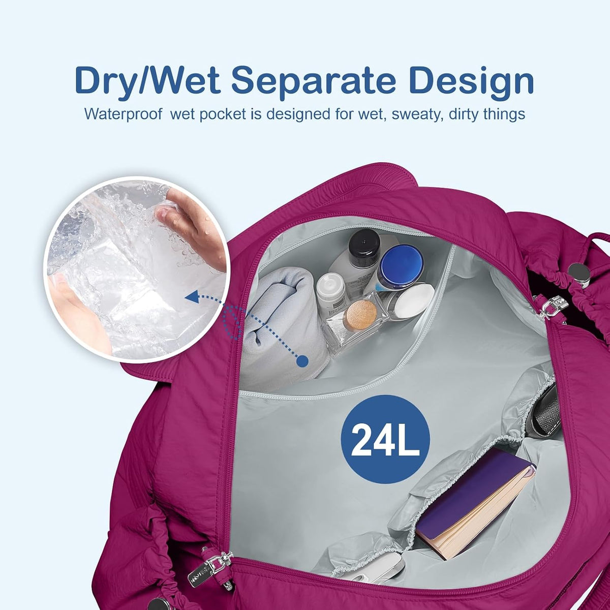 Travel Duffel Bag, Puffy Carry On Overnight, Gym Bag w/Wet Pocket