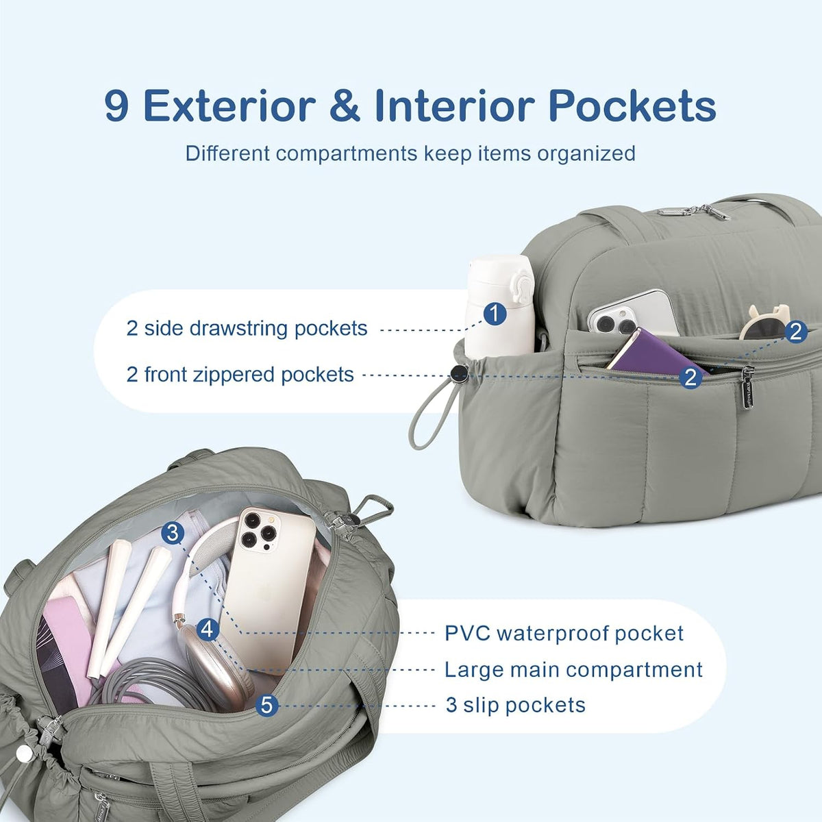 Travel Duffel Bag, Puffy Carry On Overnight, Gym Bag w/Wet Pocket
