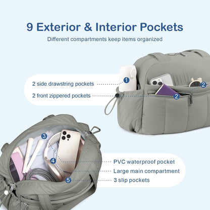 Travel Duffel Bag, Puffy Carry On Overnight, Gym Bag w/Wet Pocket