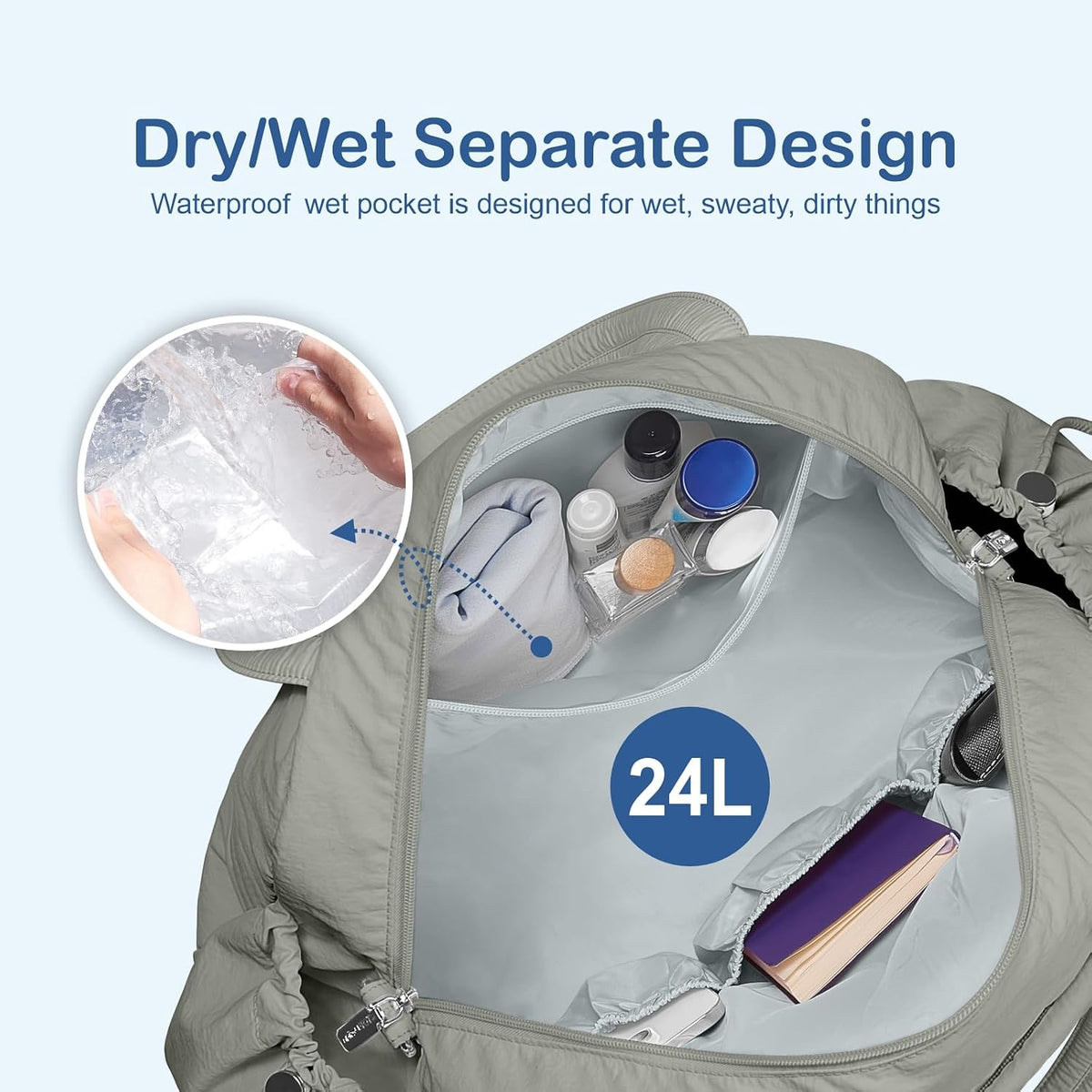 Travel Duffel Bag, Puffy Carry On Overnight, Gym Bag w/Wet Pocket
