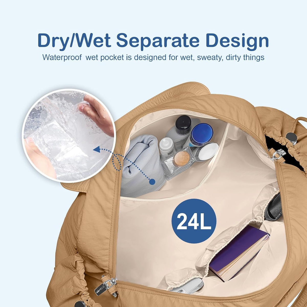 Travel Duffel Bag, Puffy Carry On Overnight, Gym Bag w/Wet Pocket