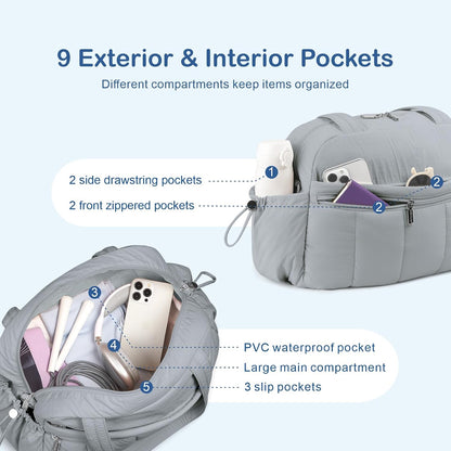 Travel Duffel Bag, Puffy Carry On Overnight, Gym Bag w/Wet Pocket