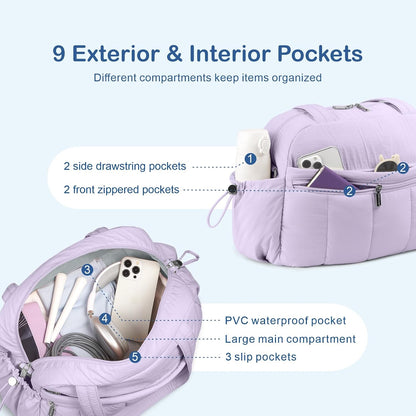 Travel Duffel Bag, Puffy Carry On Overnight, Gym Bag w/Wet Pocket