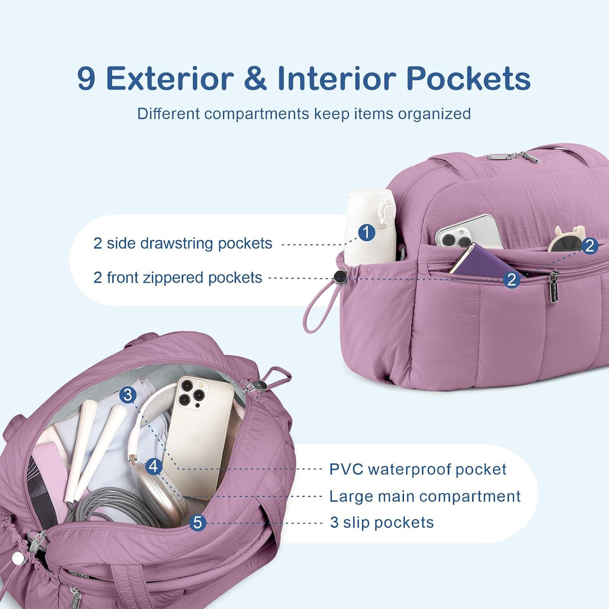 Travel Duffel Bag, Puffy Carry On Overnight, Gym Bag w/Wet Pocket