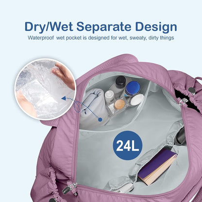 Travel Duffel Bag, Puffy Carry On Overnight, Gym Bag w/Wet Pocket