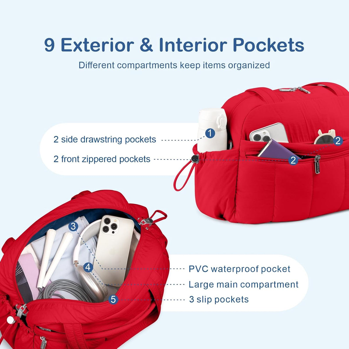 Travel Duffel Bag, Puffy Carry On Overnight, Gym Bag w/Wet Pocket