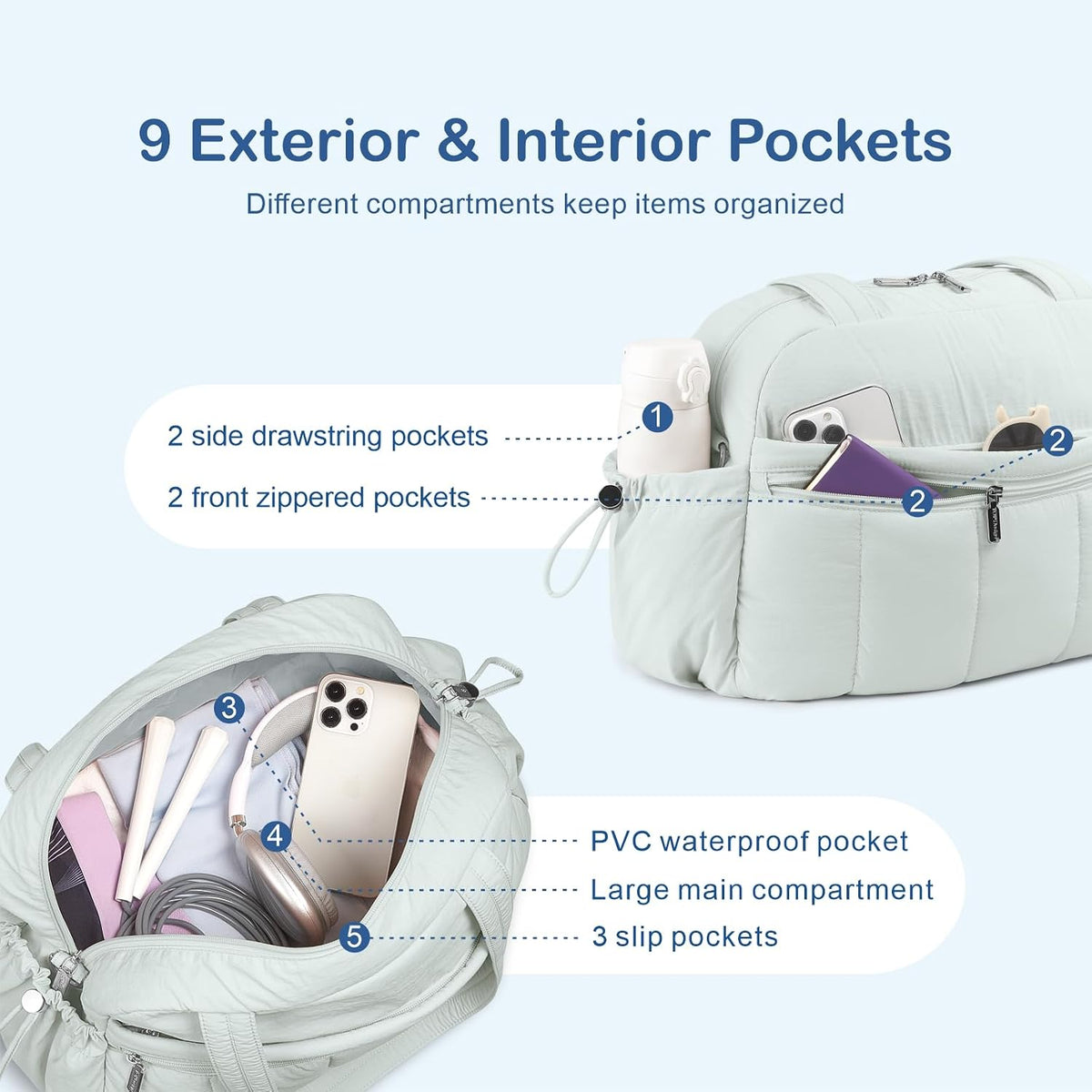 Travel Duffel Bag, Puffy Carry On Overnight, Gym Bag w/Wet Pocket