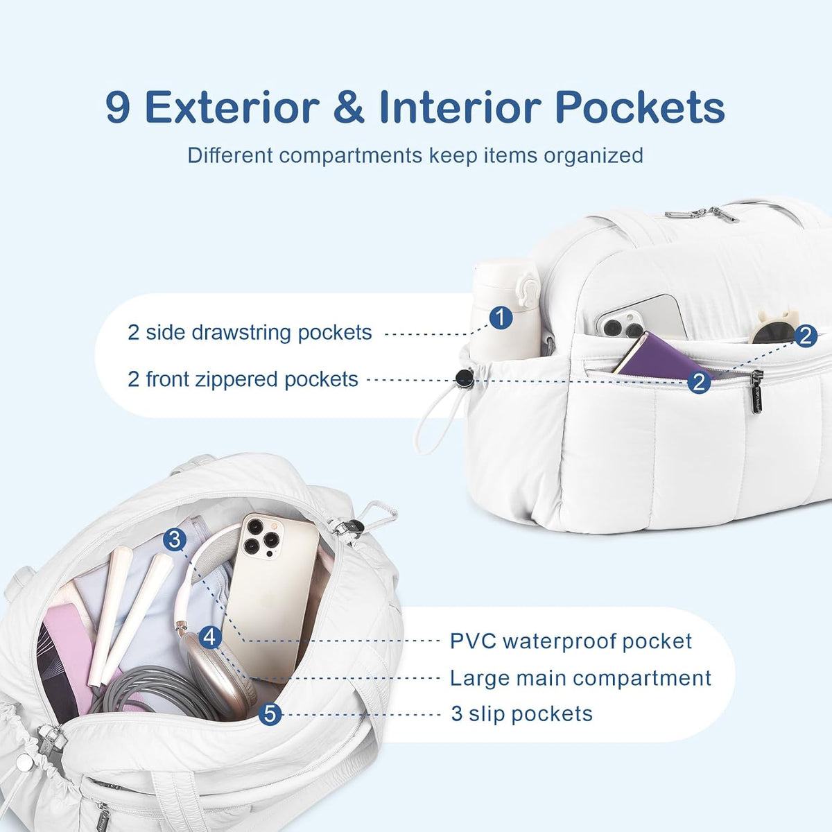 Travel Duffel Bag, Puffy Carry On Overnight, Gym Bag w/Wet Pocket