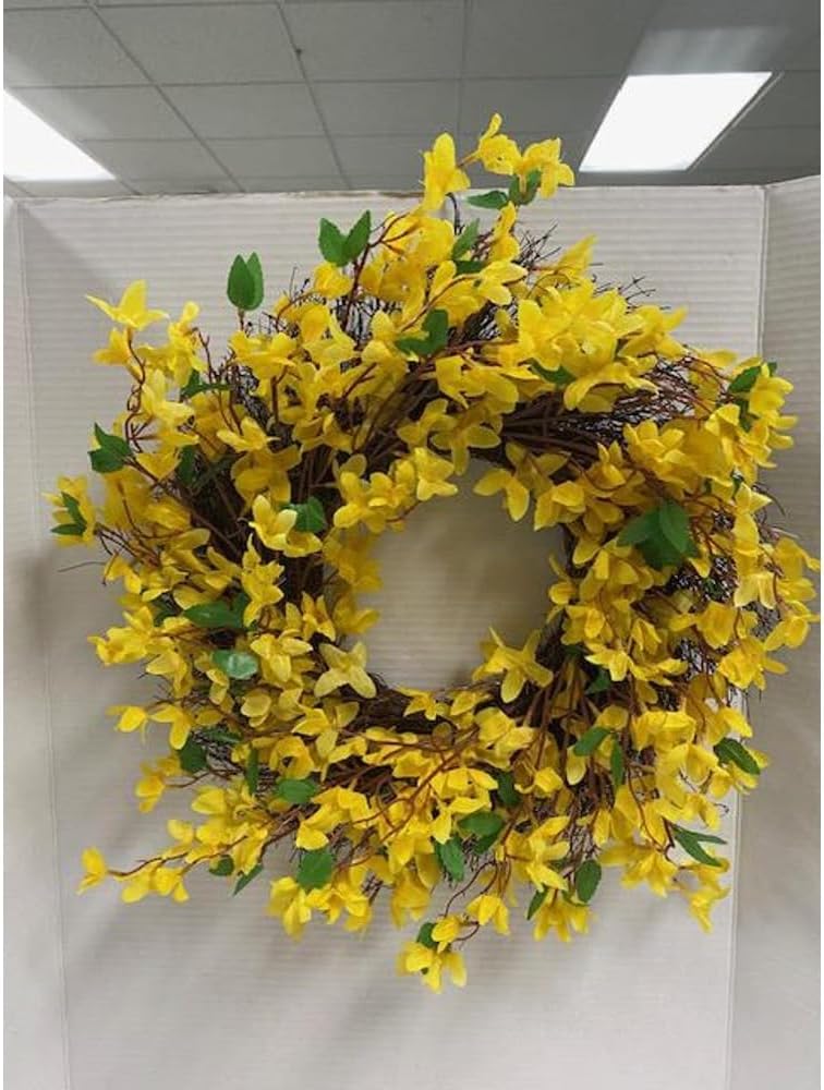 Artificial Forsythia Wreath for Front Door, Large 16 Inch Faux Spring Summer Flower Wreath for Outdoor Wall Window Farmhouse Decor, All Year Round Yellow