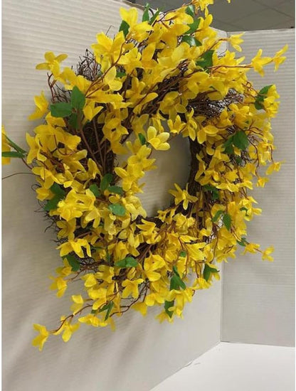 Artificial Forsythia Wreath for Front Door, Large 16 Inch Faux Spring Summer Flower Wreath for Outdoor Wall Window Farmhouse Decor, All Year Round Yellow