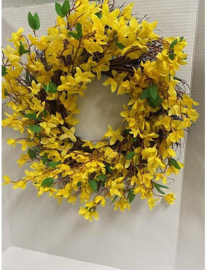 Artificial Forsythia Wreath for Front Door, Large 16 Inch Faux Spring Summer Flower Wreath for Outdoor Wall Window Farmhouse Decor, All Year Round Yellow