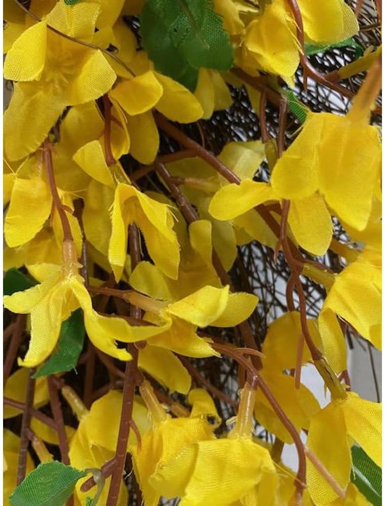 Artificial Forsythia Wreath for Front Door, Large 16 Inch Faux Spring Summer Flower Wreath for Outdoor Wall Window Farmhouse Decor, All Year Round Yellow