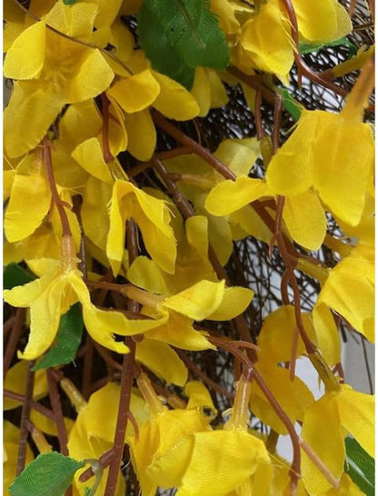 Artificial Forsythia Wreath for Front Door, Large 16 Inch Faux Spring Summer Flower Wreath for Outdoor Wall Window Farmhouse Decor, All Year Round Yellow
