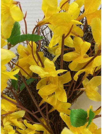Artificial Forsythia Wreath for Front Door, Large 16 Inch Faux Spring Summer Flower Wreath for Outdoor Wall Window Farmhouse Decor, All Year Round Yellow