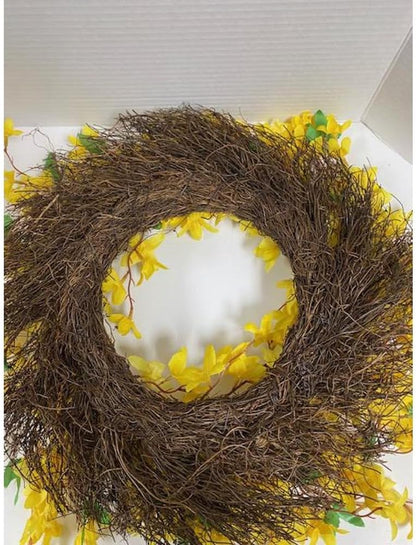Artificial Forsythia Wreath for Front Door, Large 16 Inch Faux Spring Summer Flower Wreath for Outdoor Wall Window Farmhouse Decor, All Year Round Yellow