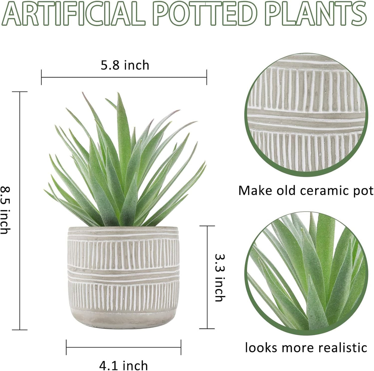 8.5" Fake Succulent Plant in Striped Ceramic Pot for Boho Decor | Small fake plants，sturdy cement planter, eco-friendly，suitable for bathroom bedroom office desk shelf boho decor