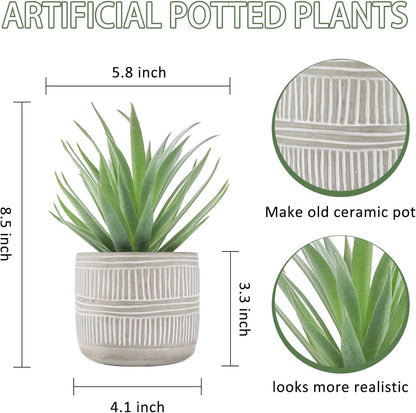 8.5" Fake Succulent Plant in Striped Ceramic Pot for Boho Decor | Small fake plants，sturdy cement planter, eco-friendly，suitable for bathroom bedroom office desk shelf boho decor