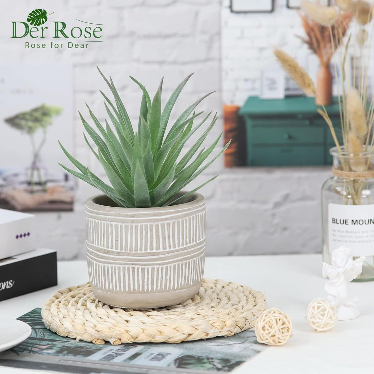 8.5" Fake Succulent Plant in Striped Ceramic Pot for Boho Decor | Small fake plants，sturdy cement planter, eco-friendly，suitable for bathroom bedroom office desk shelf boho decor