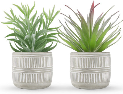 8.5" Fake Succulent Plant in Striped Ceramic Pot for Boho Decor | Small fake plants，sturdy cement planter, eco-friendly，suitable for bathroom bedroom office desk shelf boho decor