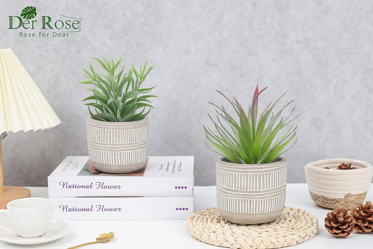 8.5" Fake Succulent Plant in Striped Ceramic Pot for Boho Decor | Small fake plants，sturdy cement planter, eco-friendly，suitable for bathroom bedroom office desk shelf boho decor