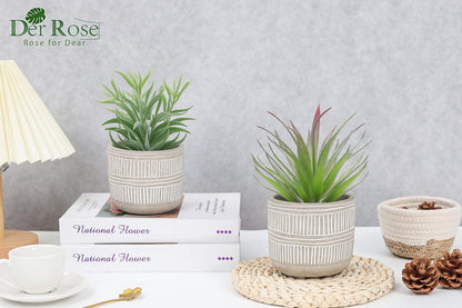 8.5" Fake Succulent Plant in Striped Ceramic Pot for Boho Decor | Small fake plants，sturdy cement planter, eco-friendly，suitable for bathroom bedroom office desk shelf boho decor