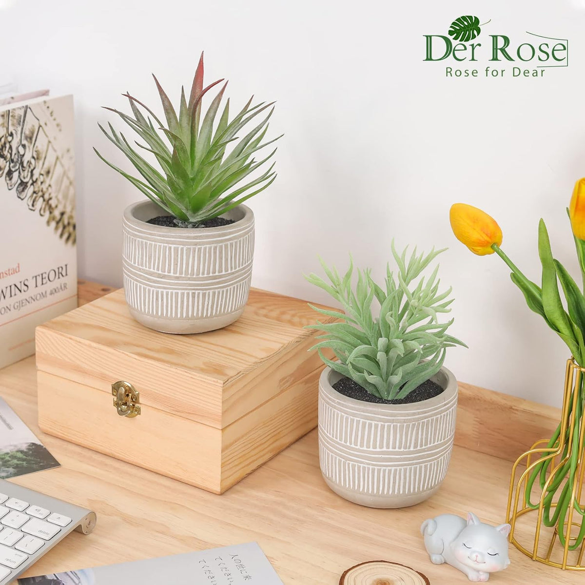 8.5" Fake Succulent Plant in Striped Ceramic Pot for Boho Decor | Small fake plants，sturdy cement planter, eco-friendly，suitable for bathroom bedroom office desk shelf boho decor