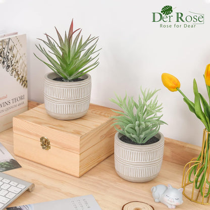 8.5" Fake Succulent Plant in Striped Ceramic Pot for Boho Decor | Small fake plants，sturdy cement planter, eco-friendly，suitable for bathroom bedroom office desk shelf boho decor