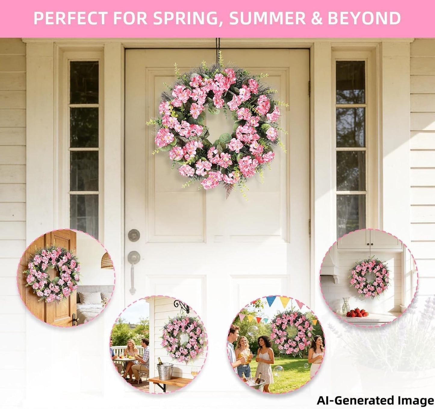 Rose Red Artificial Geranium Wreath, 22 Inch Spring Summer Wreaths for Front Door with Blessed Hanging Sign, for Rustic Farmhouse Entryway Porch Balcony Decor