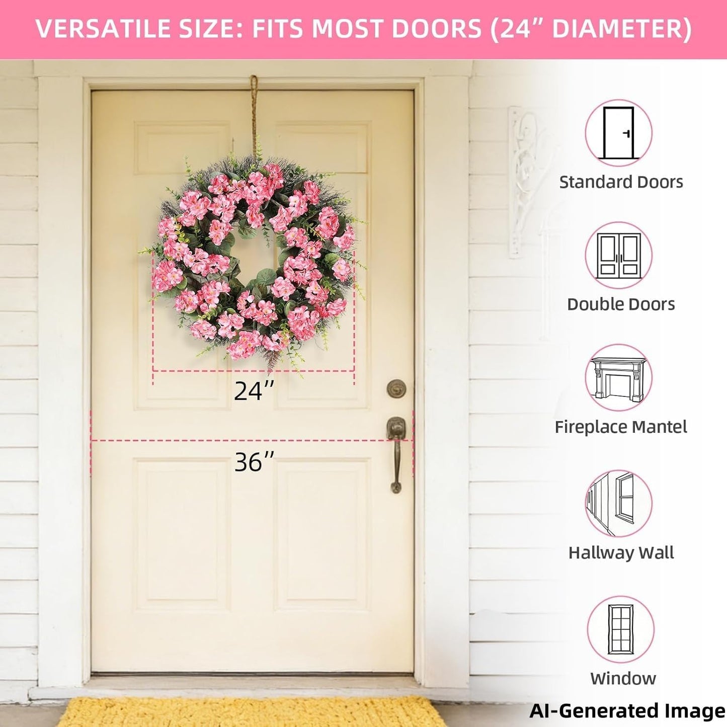Rose Red Artificial Geranium Wreath, 22 Inch Spring Summer Wreaths for Front Door with Blessed Hanging Sign, for Rustic Farmhouse Entryway Porch Balcony Decor