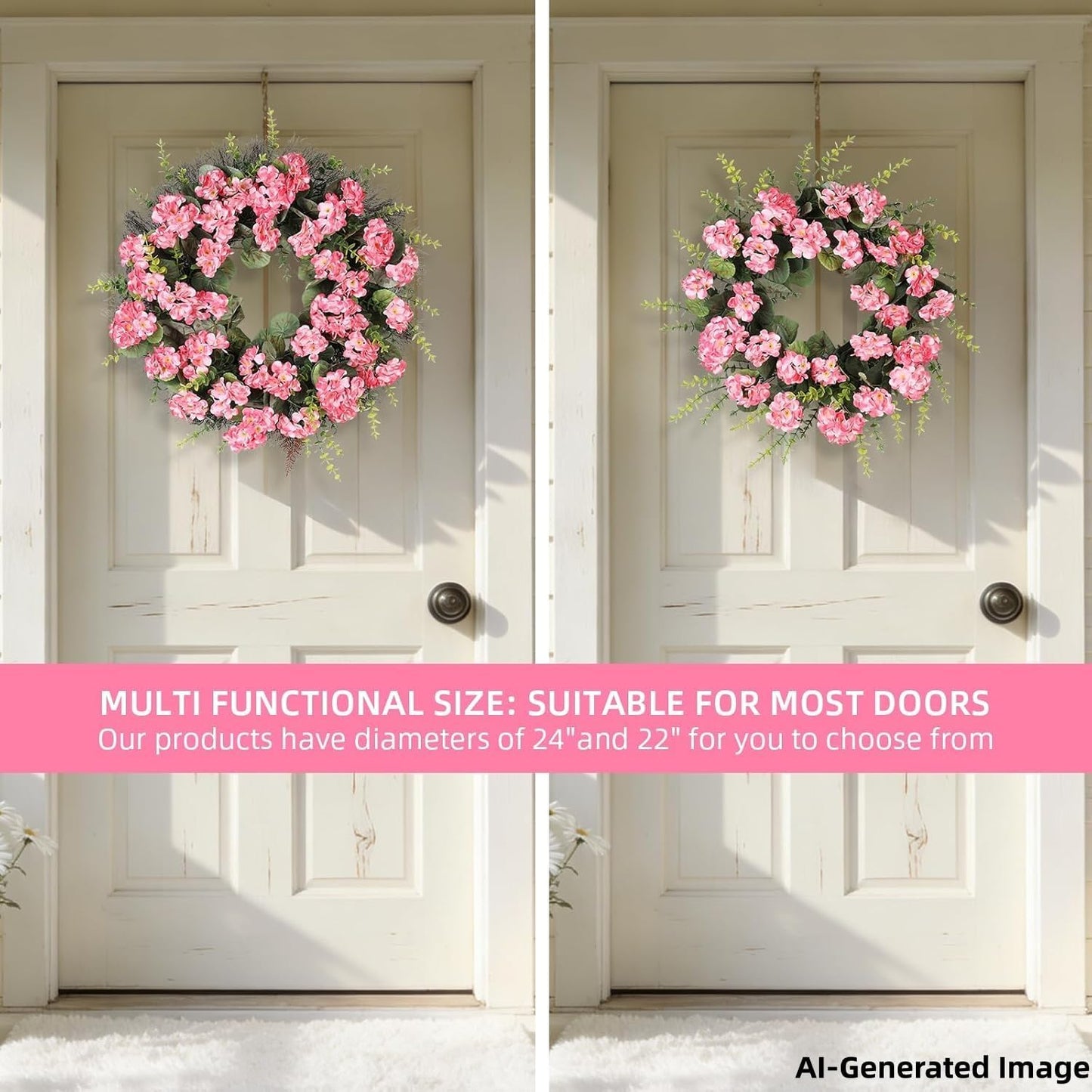 Rose Red Artificial Geranium Wreath, 22 Inch Spring Summer Wreaths for Front Door with Blessed Hanging Sign, for Rustic Farmhouse Entryway Porch Balcony Decor