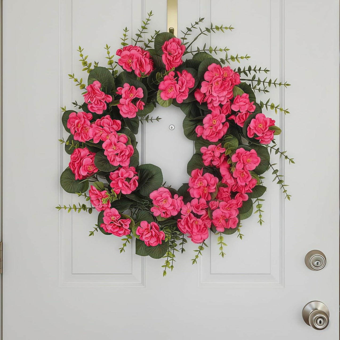 Rose Red Artificial Geranium Wreath, 22 Inch Spring Summer Wreaths for Front Door with Blessed Hanging Sign, for Rustic Farmhouse Entryway Porch Balcony Decor