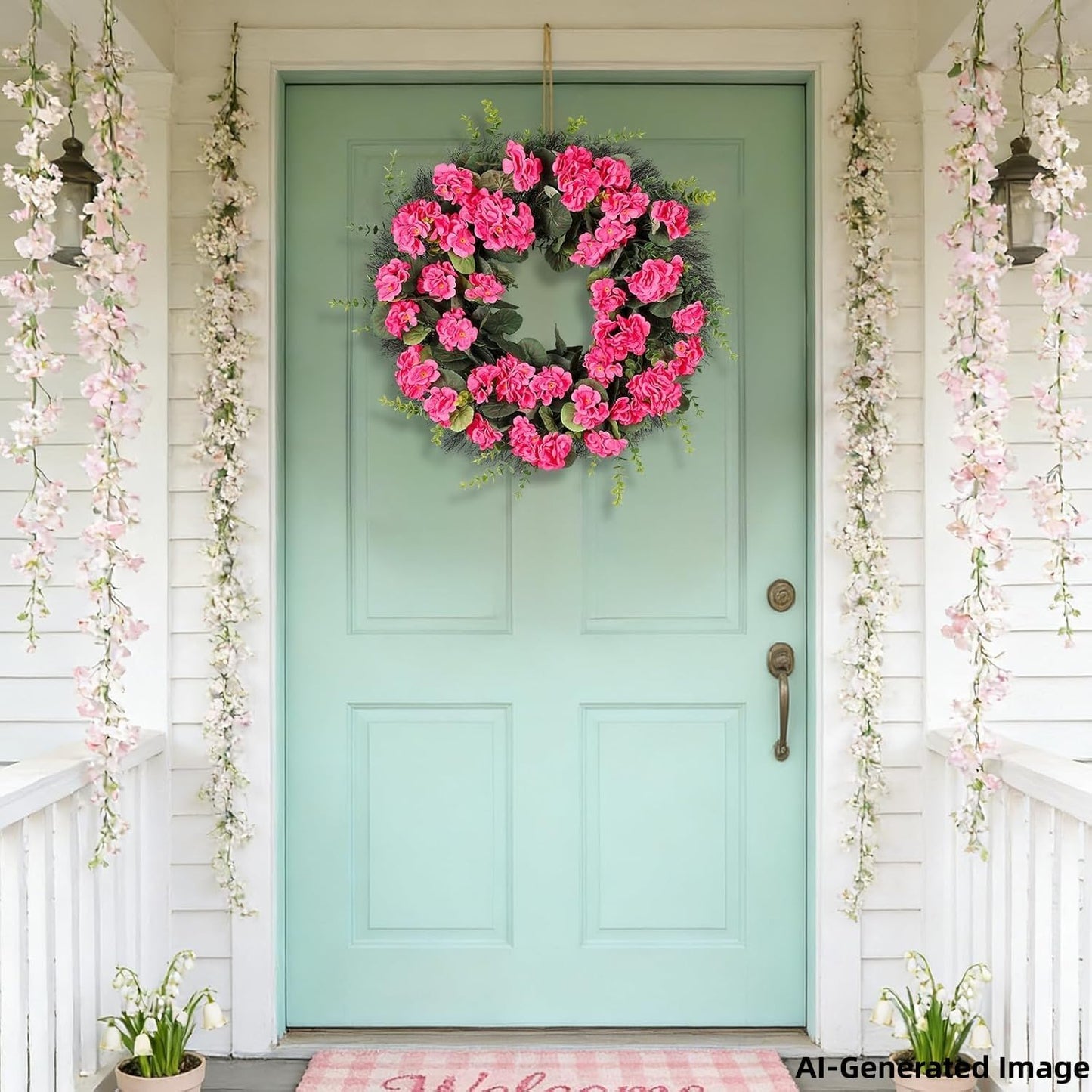 Rose Red Artificial Geranium Wreath, 22 Inch Spring Summer Wreaths for Front Door with Blessed Hanging Sign, for Rustic Farmhouse Entryway Porch Balcony Decor