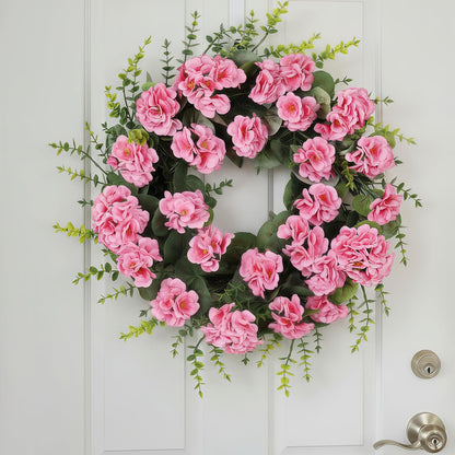 Rose Red Artificial Geranium Wreath, 22 Inch Spring Summer Wreaths for Front Door with Blessed Hanging Sign, for Rustic Farmhouse Entryway Porch Balcony Decor
