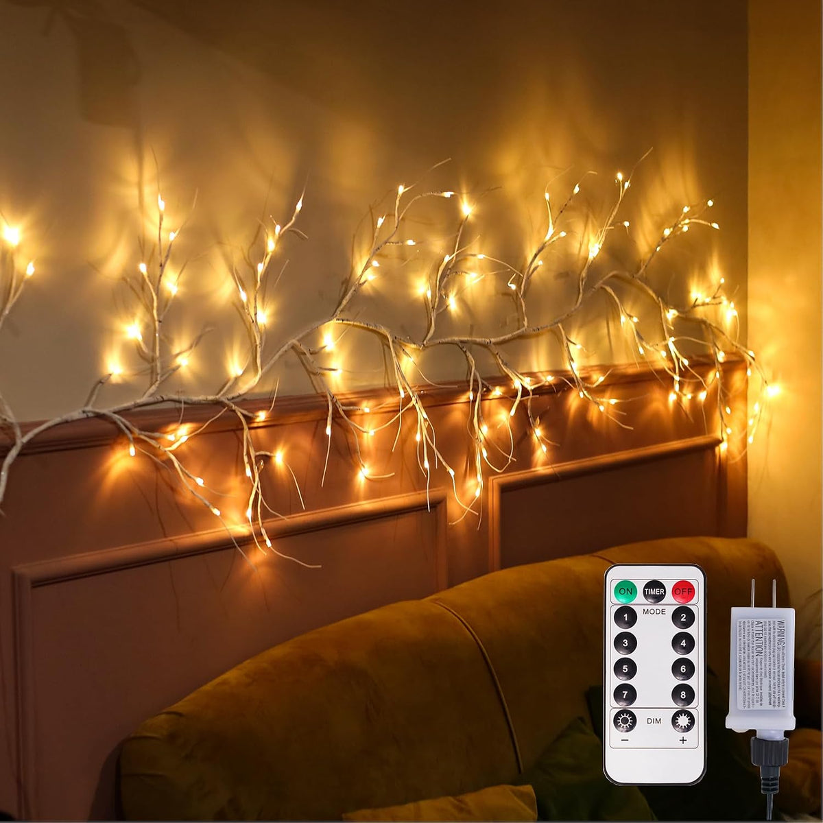 Lighted Birch Garland with Timer 120 LED, 9FT Birch Garland with Lights Remote Control, Pre-lit Twig Vine Lights Plug in for Christmas Fireplace Home Wall Decoration Indoor Outdoor