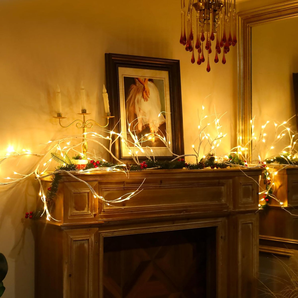 Lighted Birch Garland with Timer 120 LED, 9FT Birch Garland with Lights Remote Control, Pre-lit Twig Vine Lights Plug in for Christmas Fireplace Home Wall Decoration Indoor Outdoor