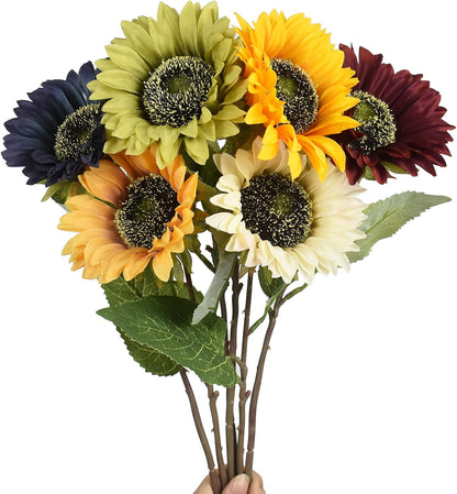 Multicolor Artificial Sunflower Flowers Long Stem Large Silk Sunflowers Bridal Wedding Bouquet 6pcs Fake Yellow Flower Arrangements for Outdoor