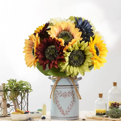 Multicolor Artificial Sunflower Flowers Long Stem Large Silk Sunflowers Bridal Wedding Bouquet 6pcs Fake Yellow Flower Arrangements for Outdoor