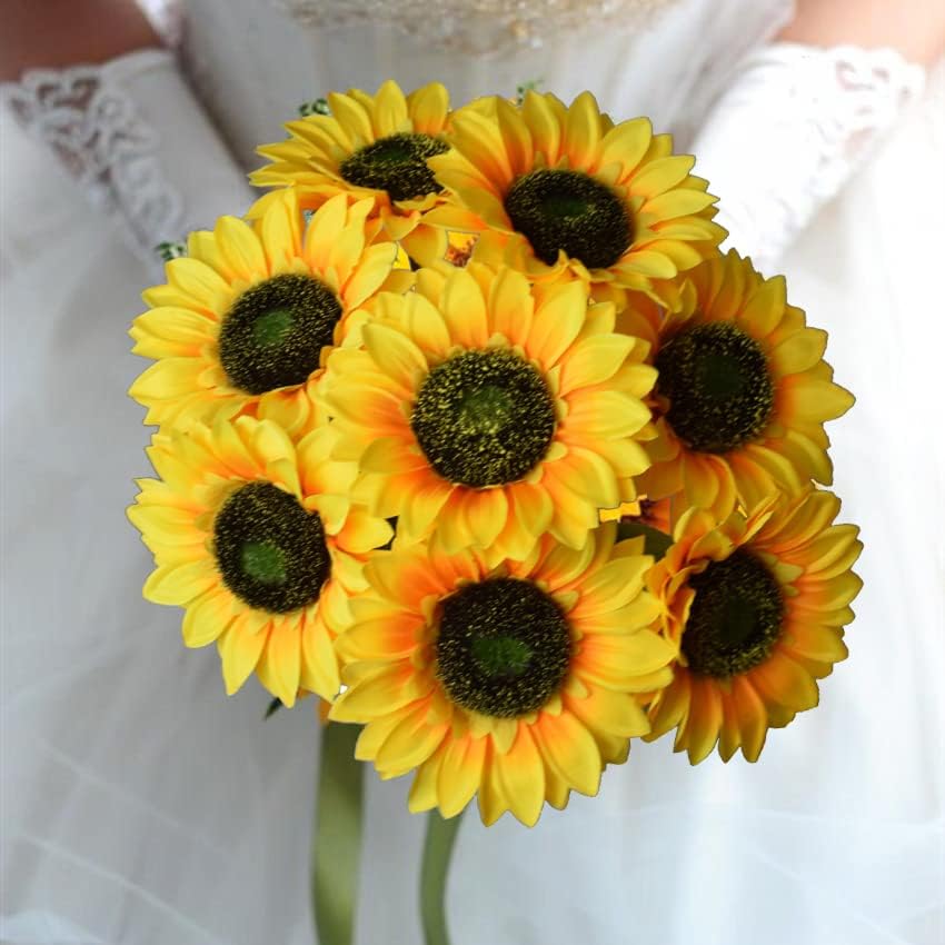 Multicolor Artificial Sunflower Flowers Long Stem Large Silk Sunflowers Bridal Wedding Bouquet 6pcs Fake Yellow Flower Arrangements for Outdoor