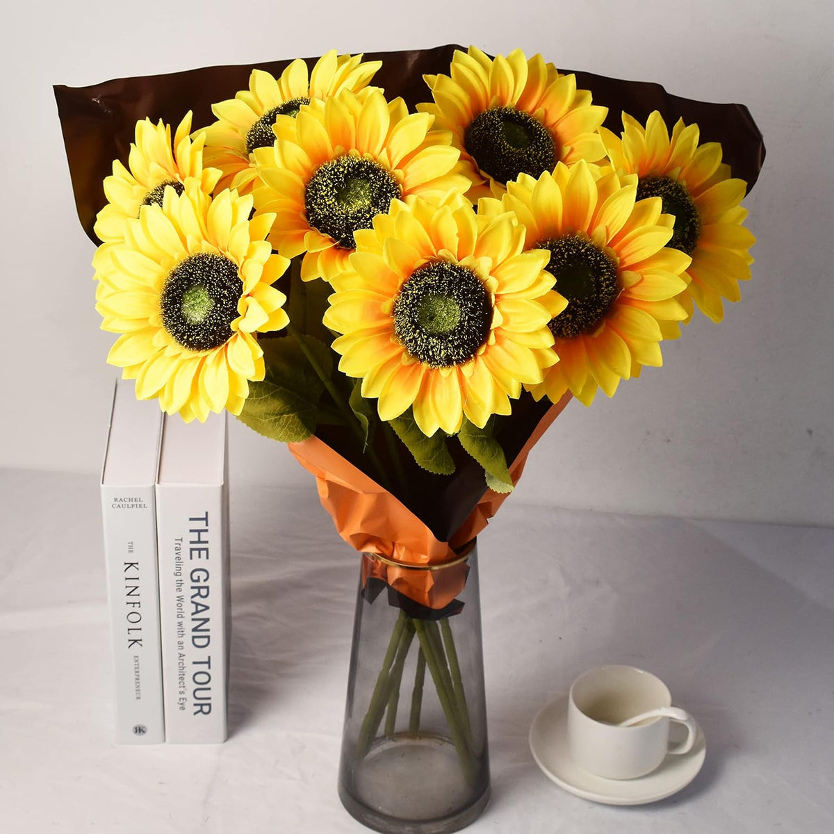 Multicolor Artificial Sunflower Flowers Long Stem Large Silk Sunflowers Bridal Wedding Bouquet 6pcs Fake Yellow Flower Arrangements for Outdoor