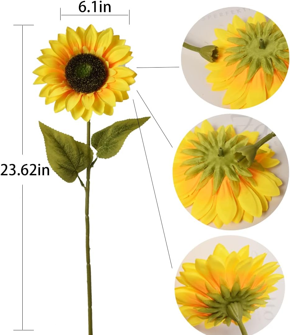 Multicolor Artificial Sunflower Flowers Long Stem Large Silk Sunflowers Bridal Wedding Bouquet 6pcs Fake Yellow Flower Arrangements for Outdoor