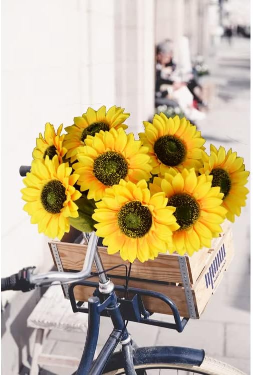 Multicolor Artificial Sunflower Flowers Long Stem Large Silk Sunflowers Bridal Wedding Bouquet 6pcs Fake Yellow Flower Arrangements for Outdoor