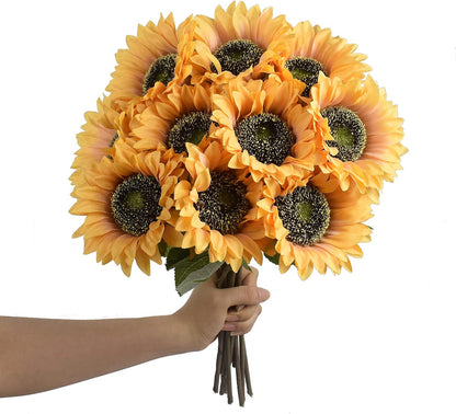 Multicolor Artificial Sunflower Flowers Long Stem Large Silk Sunflowers Bridal Wedding Bouquet 6pcs Fake Yellow Flower Arrangements for Outdoor