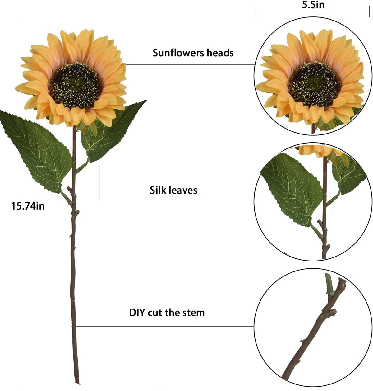Multicolor Artificial Sunflower Flowers Long Stem Large Silk Sunflowers Bridal Wedding Bouquet 6pcs Fake Yellow Flower Arrangements for Outdoor