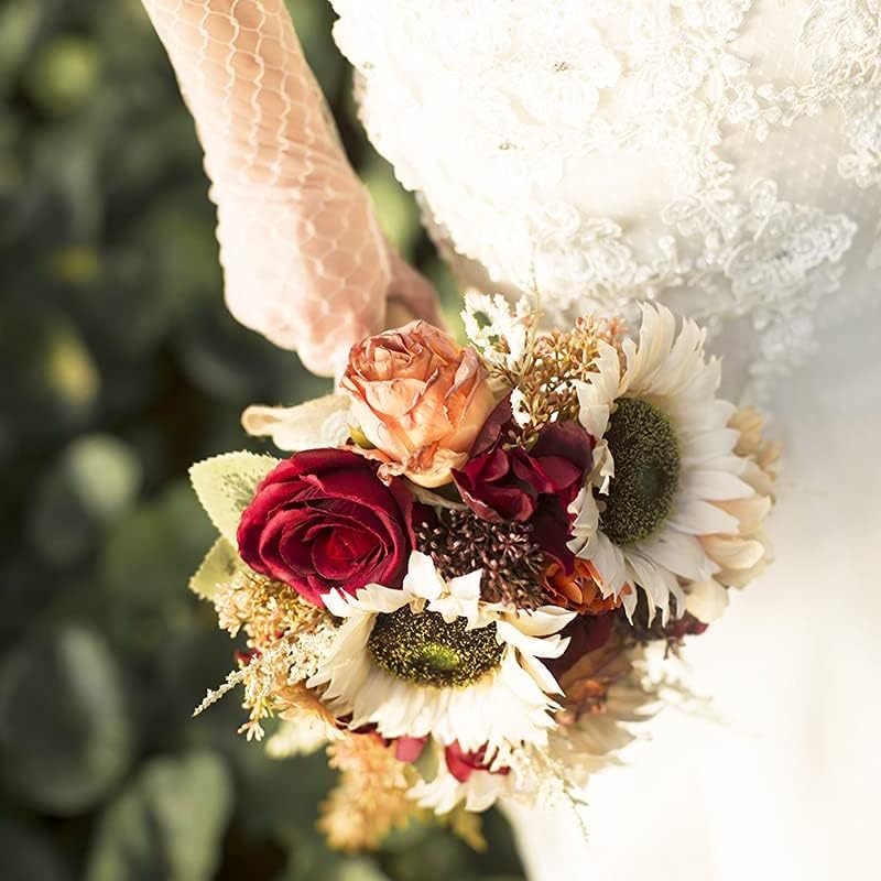 Multicolor Artificial Sunflower Flowers Long Stem Large Silk Sunflowers Bridal Wedding Bouquet 6pcs Fake Yellow Flower Arrangements for Outdoor