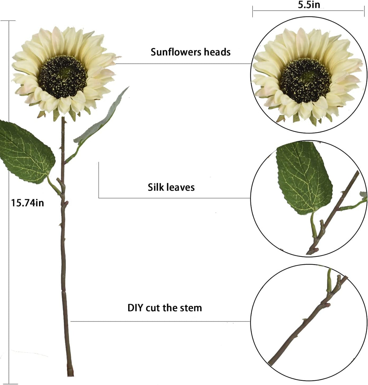 Multicolor Artificial Sunflower Flowers Long Stem Large Silk Sunflowers Bridal Wedding Bouquet 6pcs Fake Yellow Flower Arrangements for Outdoor