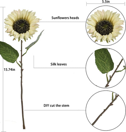 Multicolor Artificial Sunflower Flowers Long Stem Large Silk Sunflowers Bridal Wedding Bouquet 6pcs Fake Yellow Flower Arrangements for Outdoor
