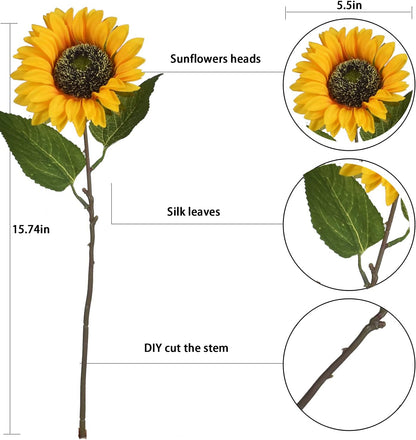 Multicolor Artificial Sunflower Flowers Long Stem Large Silk Sunflowers Bridal Wedding Bouquet 6pcs Fake Yellow Flower Arrangements for Outdoor