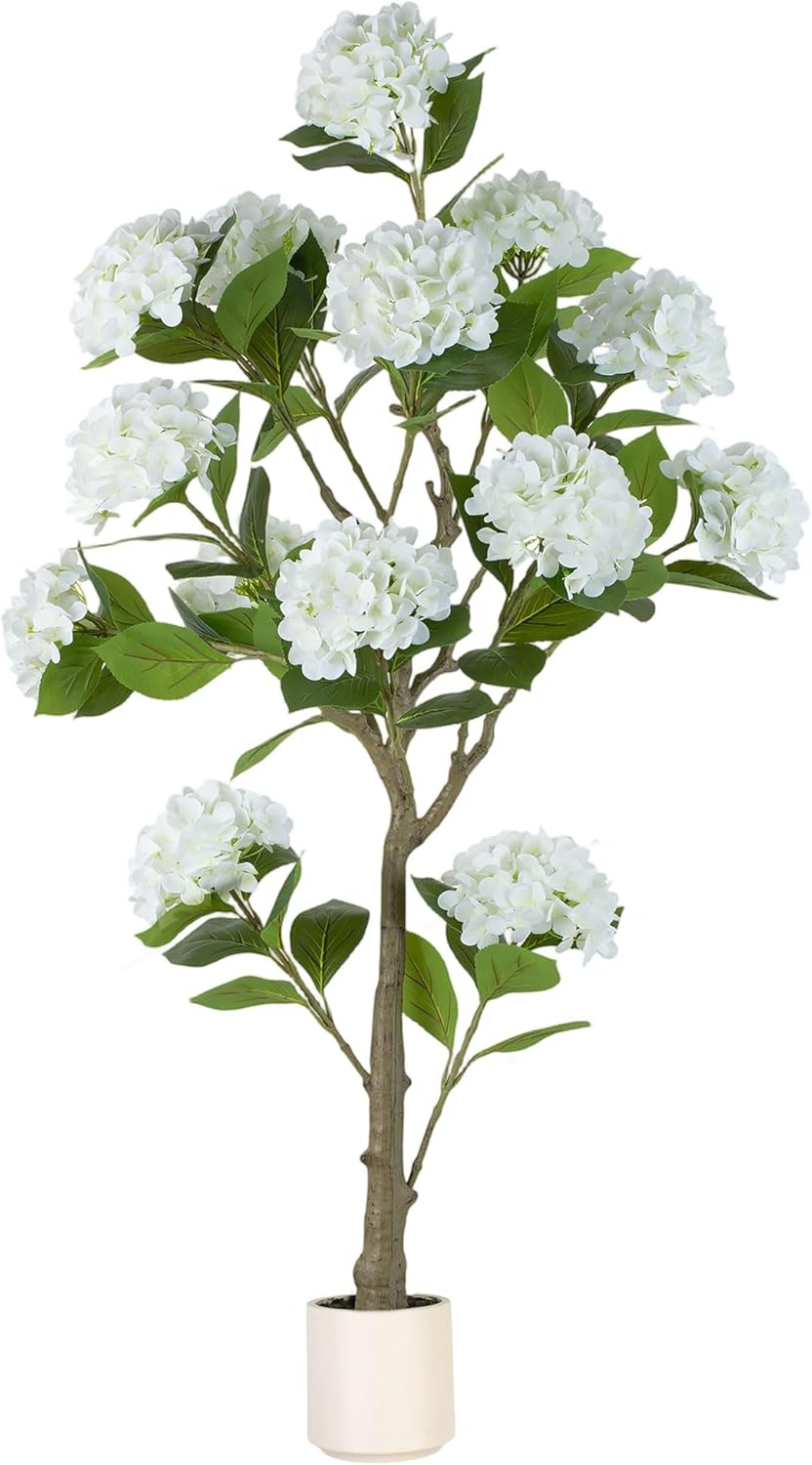 5ft White Hydrangea Artificial Trees for Front Porch Planters | With Pot, Pet Friendly, Real Touch Hydrangeas Flower Tree Plant for Outdoor, Home, Patio, Entrance, Indoor Decor, Easy to Use