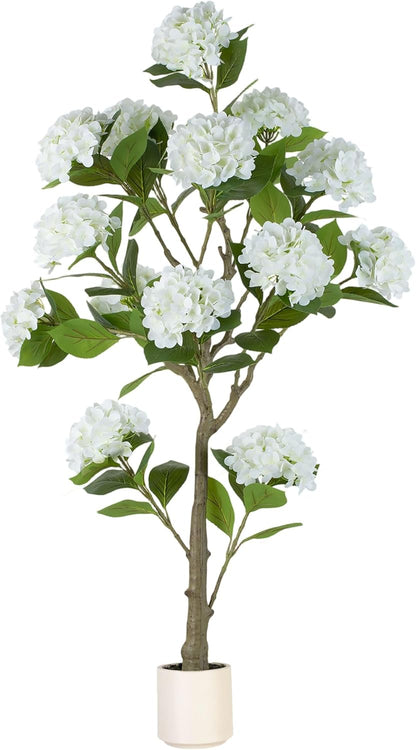 5ft White Hydrangea Artificial Trees for Front Porch Planters | With Pot, Pet Friendly, Real Touch Hydrangeas Flower Tree Plant for Outdoor, Home, Patio, Entrance, Indoor Decor, Easy to Use