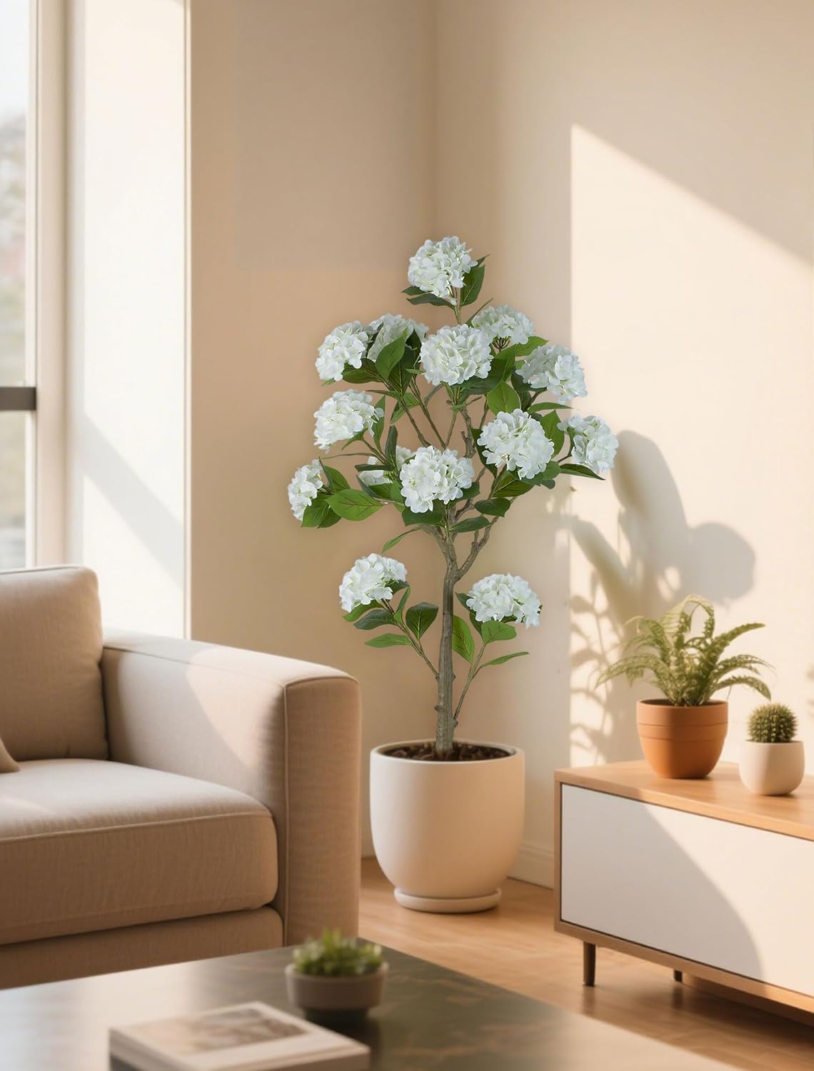 5ft White Hydrangea Artificial Trees for Front Porch Planters | With Pot, Pet Friendly, Real Touch Hydrangeas Flower Tree Plant for Outdoor, Home, Patio, Entrance, Indoor Decor, Easy to Use